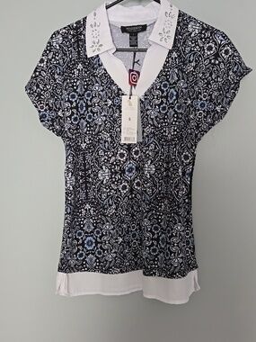 Madison Black & Blue Floral V-Neck Collared Blouse